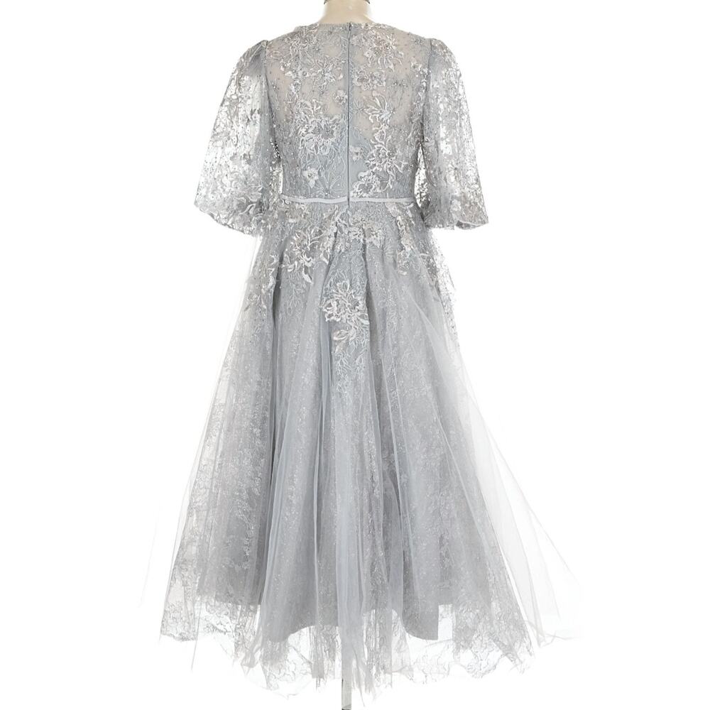 MAC DUGGAL Dress NEW 12 Silver Gray Beaded Tulle Midi Tea‎ Puff Sleeve Event - Picture 7 of 10